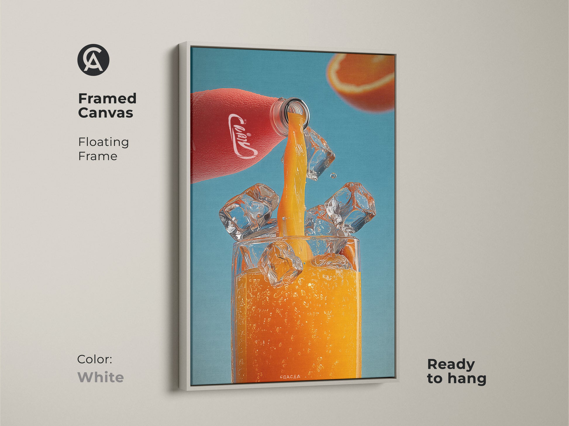 Framed canvas art of modern orange juice artwork. A white floating frame highlights this refreshing beverage print. The piece features a red bottle pouring juice over ice. Ideal for colorful kitchen art or a thoughtful housewarming gift for drink enthusiasts.