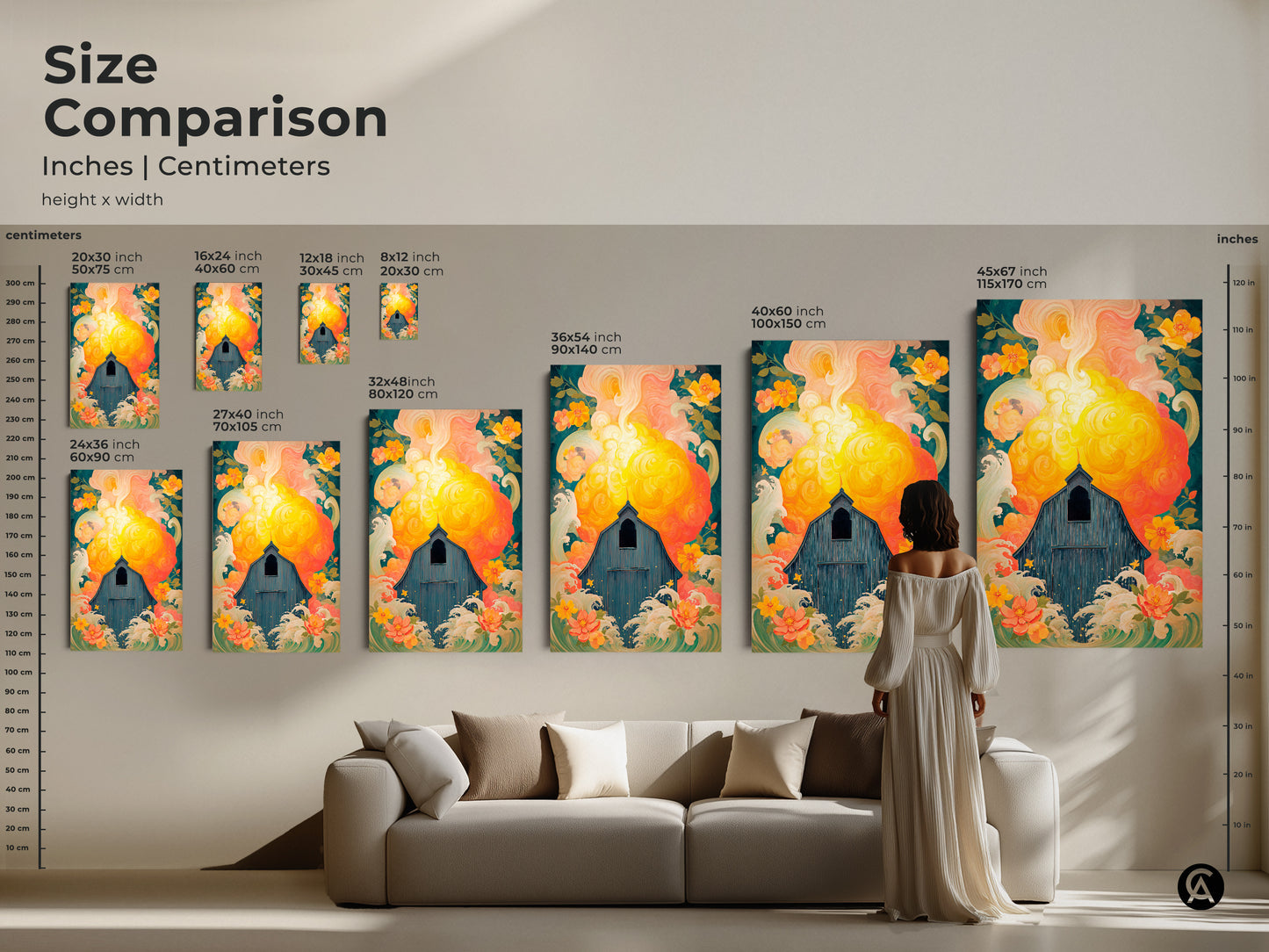 Size Comparison of this artwork displayed above a sofa. Featuring a Blue Barn with Yellow Coral flowers this nature landscape art is available in various sizes. See how this eclectic art fits into your living space adding rustic charm. Ideal for farmhouse wall art and country home decor.