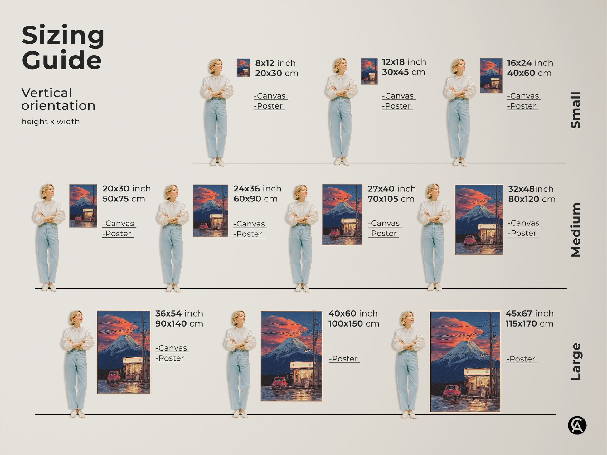 Sizing guide for vertical Mount Fuji art prints. See how 8x12 to 45x67 inch canvas and posters look. Visualize small medium and large sizes in your space. This art features a retro Japanese landscape with a red car.