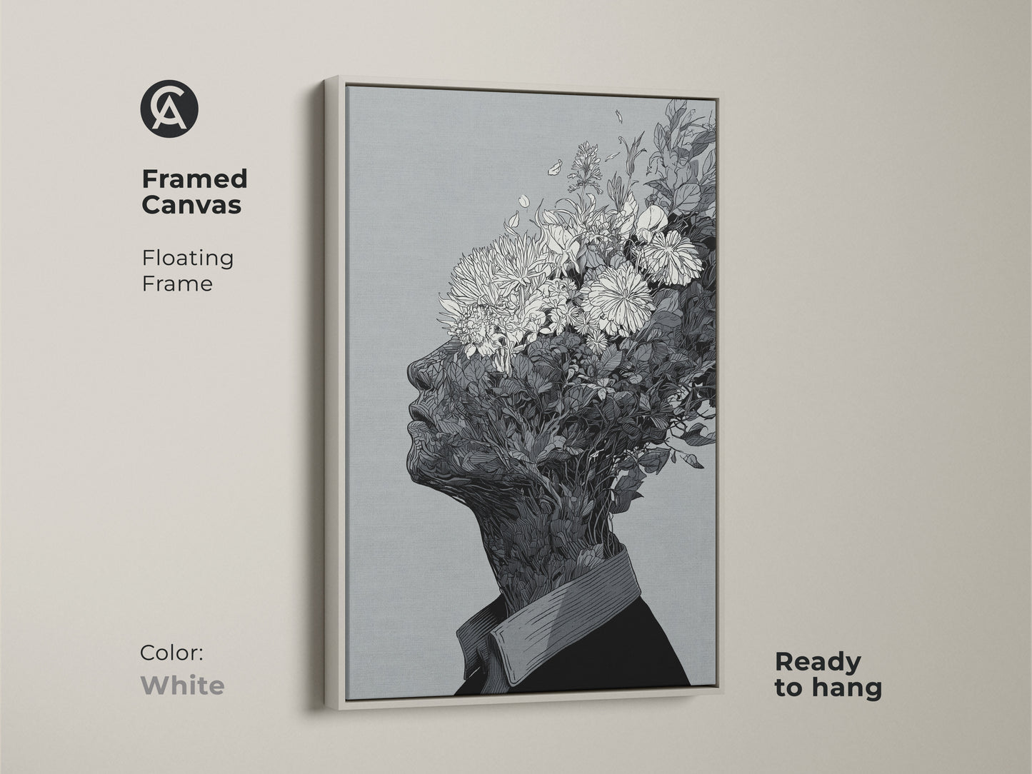 Framed canvas artwork with a floating frame. The art shows a black and white drawing of a floral head. This canvas comes in a white frame. It is ready to hang and will add a touch of elegance to your wall decor.