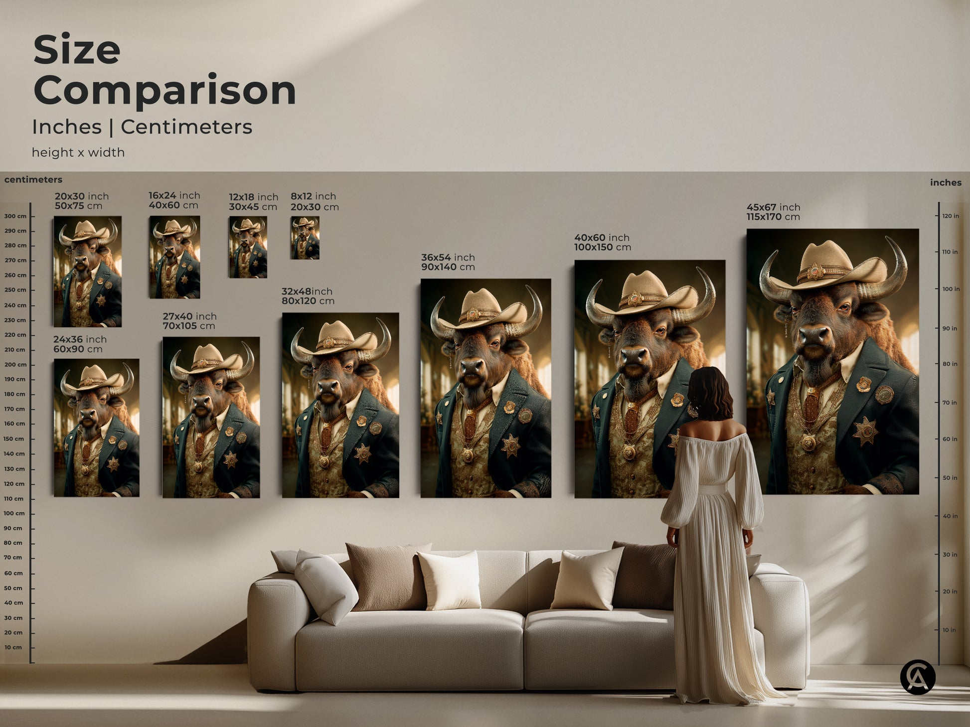 Size comparison of buffalo sheriff artwork prints. From 16x24 to 45x67 inches visualize this surreal western cowboy animal art in your space. Perfect for eclectic home decor or man cave wall decor. Choose the ideal size for canvas or poster prints today.