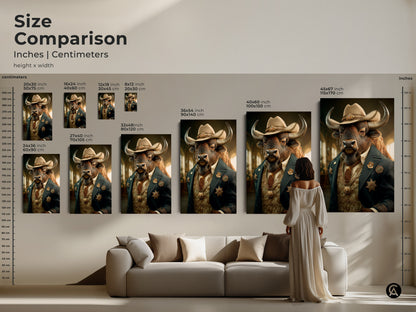 Size comparison of buffalo sheriff artwork prints. From 16x24 to 45x67 inches visualize this surreal western cowboy animal art in your space. Perfect for eclectic home decor or man cave wall decor. Choose the ideal size for canvas or poster prints today.