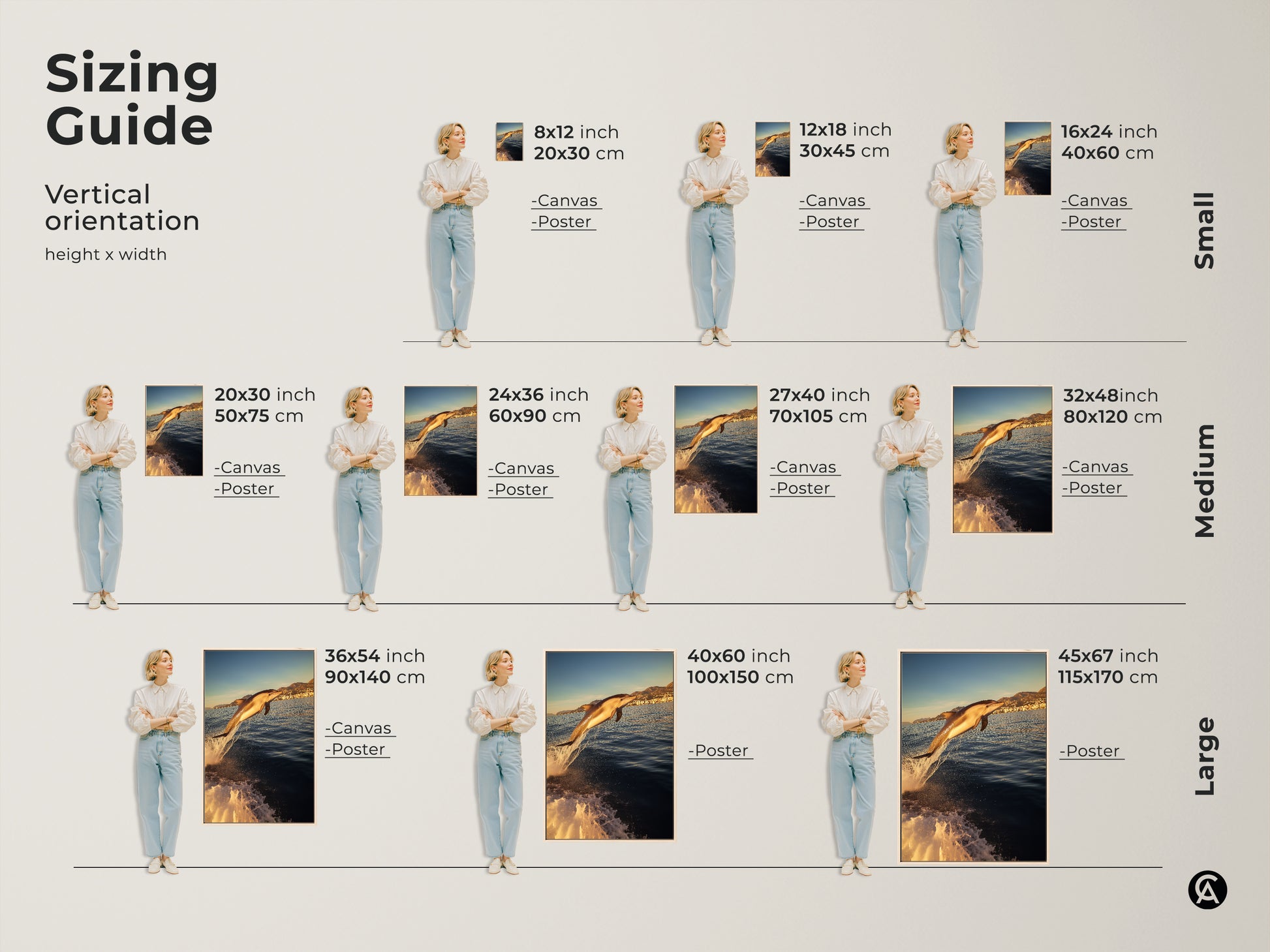 Sizing guide for vertical dolphin artwork in canvas and poster prints. Ranging from small to large sizes to fit any wall space. Find the perfect size for your coastal home decor. Ideal for living rooms bedrooms or as a beach vacation decor piece.
