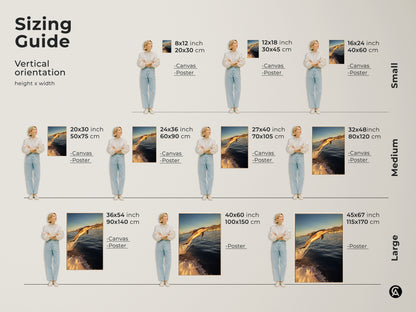 Sizing guide for vertical dolphin artwork in canvas and poster prints. Ranging from small to large sizes to fit any wall space. Find the perfect size for your coastal home decor. Ideal for living rooms bedrooms or as a beach vacation decor piece.