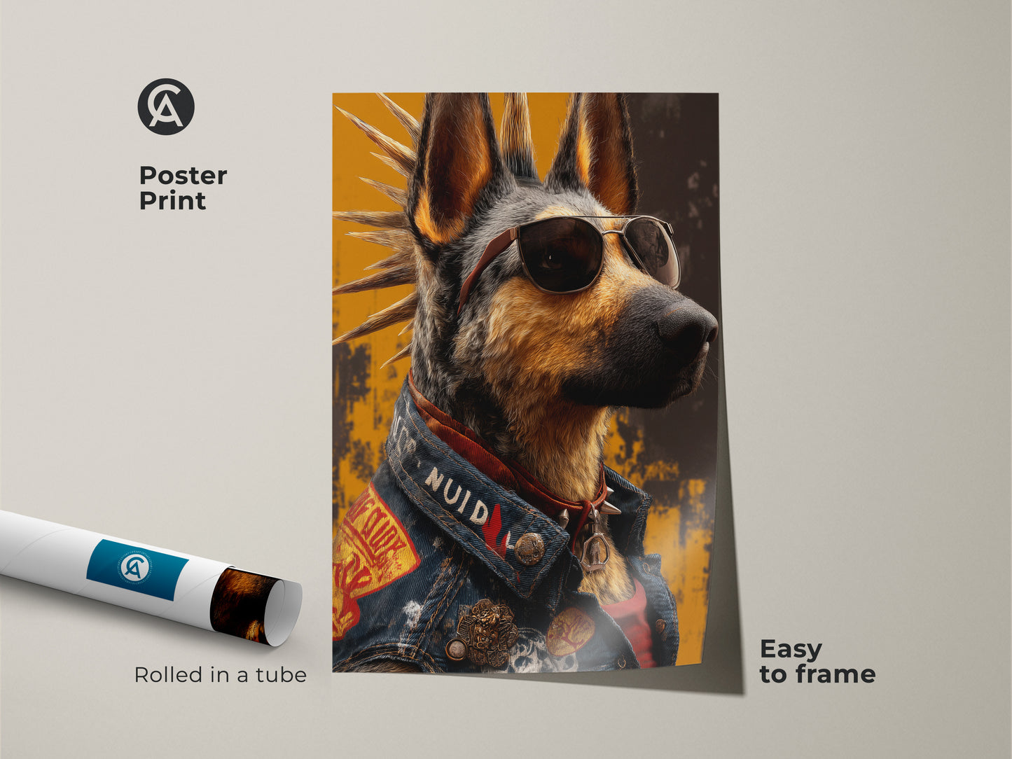 Framed canvas art of a punk rock German Shepherd. This cool dog wears aviator sunglasses and a denim jacket. The black floating frame enhances its eclectic style. Ready to hang for man cave decor.