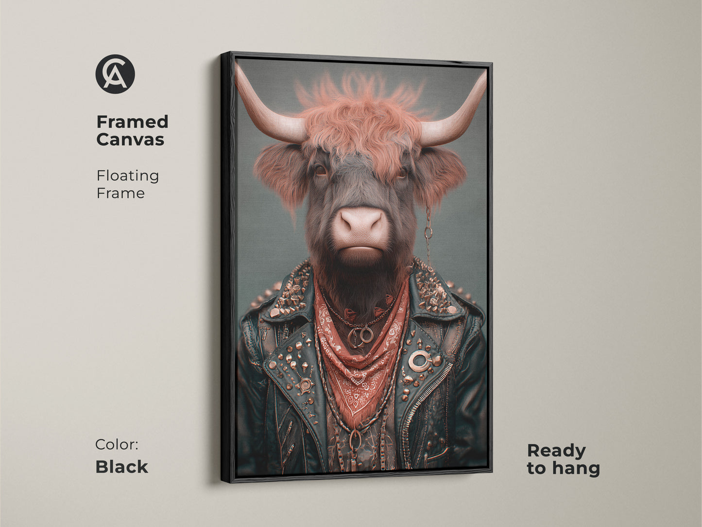 Framed canvas of a punk rock highland cow. The floating frame adds a touch of elegance to this eclectic man cave art. This animal biker art is ready to hang and brings a unique wall decor gift to any home.