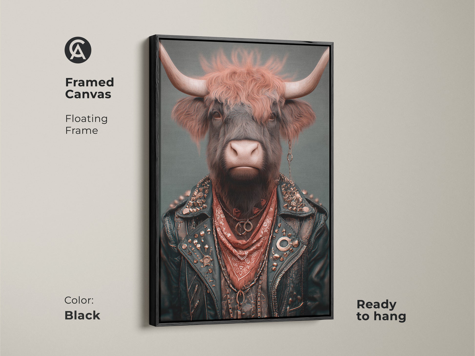 Framed canvas of a punk rock highland cow. The floating frame adds a touch of elegance to this eclectic man cave art. This animal biker art is ready to hang and brings a unique wall decor gift to any home.