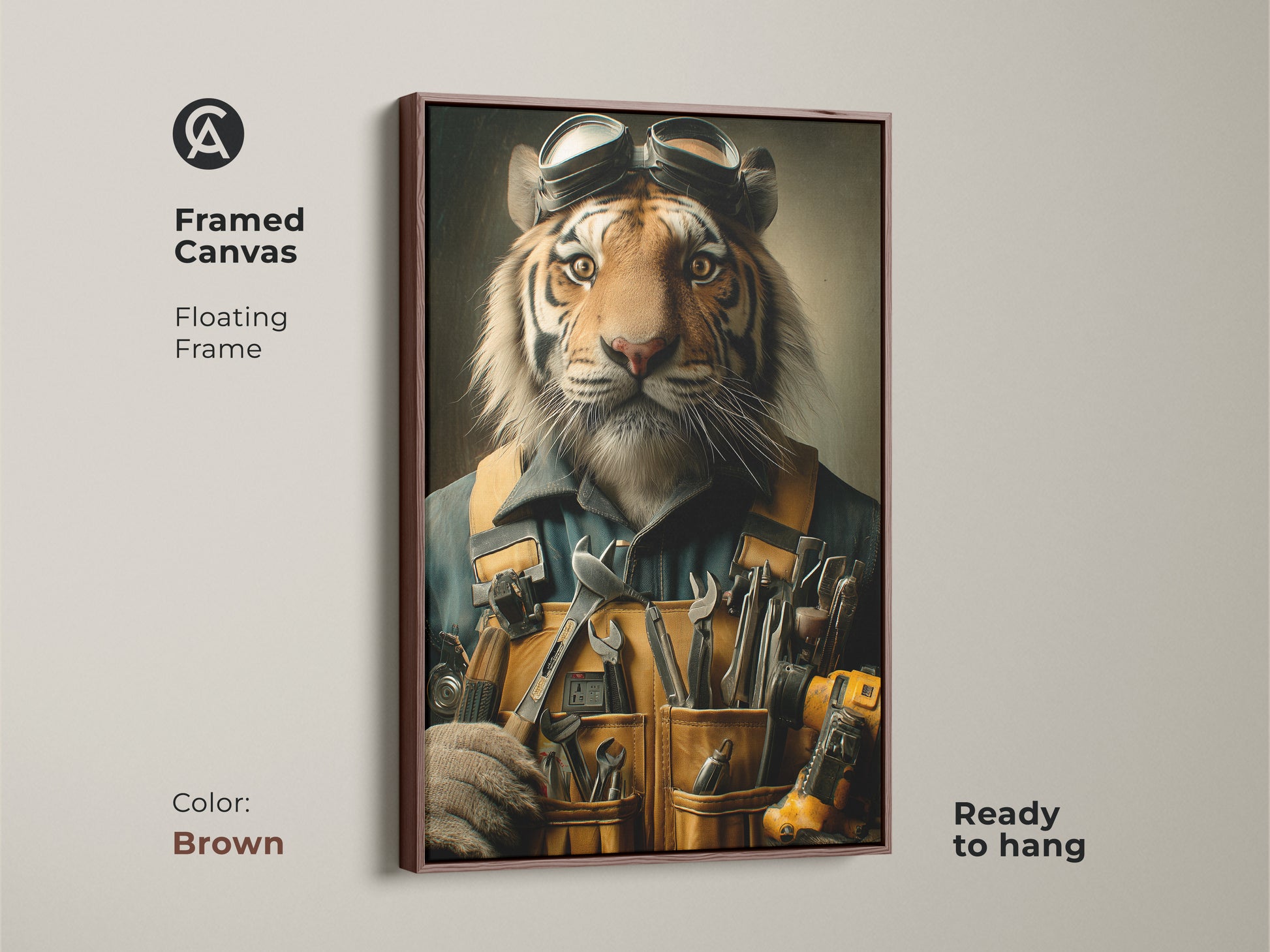 This framed canvas in brown features an anthropomorphic tiger mechanic art piece. The floating frame showcases the painterly style and warm tones. This surrealist tiger print is ready to hang making it an easy decor choice. A unique Father's Day gift for any DIY enthusiast.