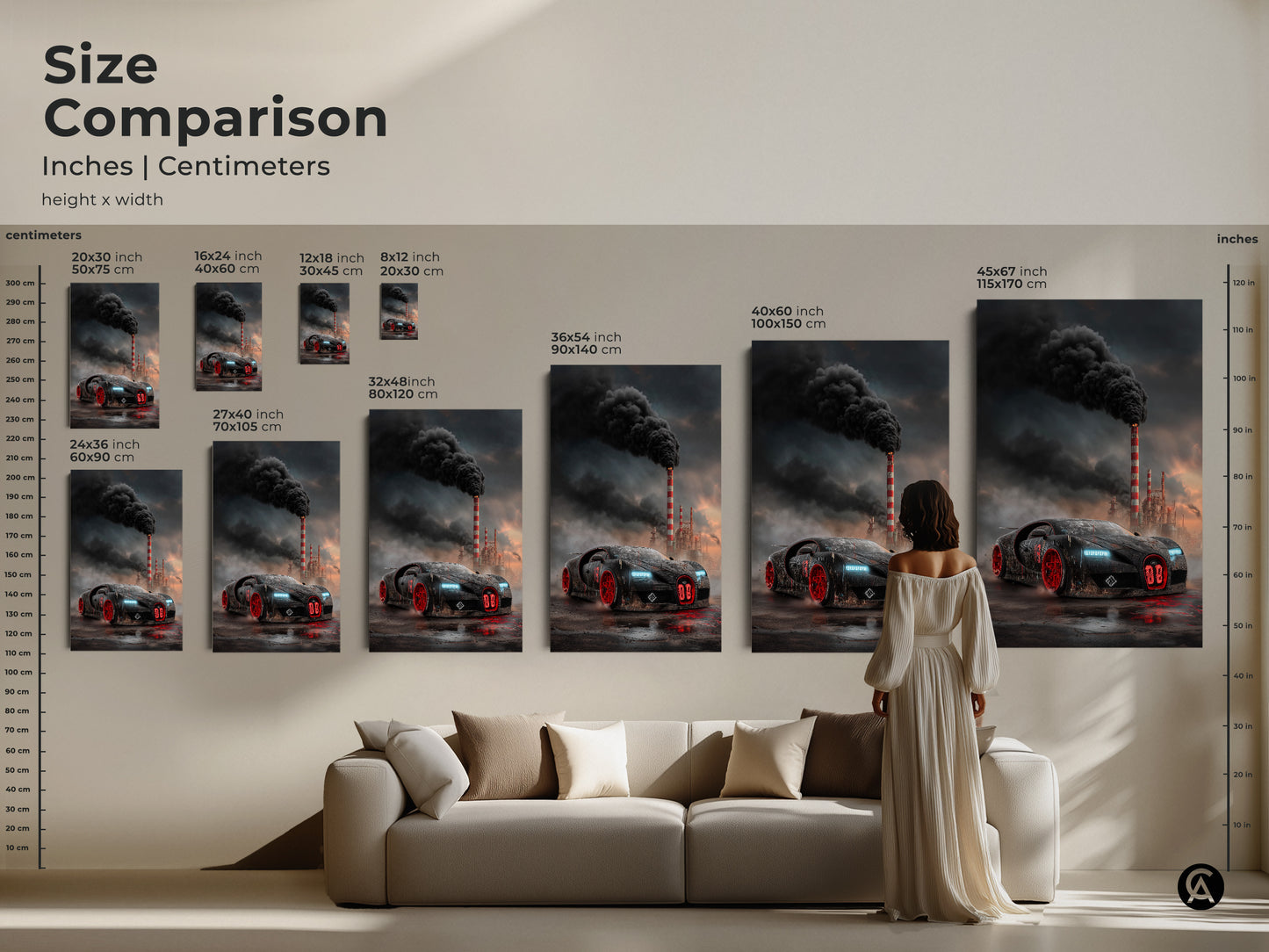 This size comparison shows cyberpunk supercar art in various dimensions. Inches and centimeters are listed. The dark industrial car print is displayed in multiple sizes. See the art's impact in different room settings. Envision your automotive office art or garage man cave artwork with the perfect fit.