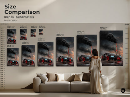 This size comparison shows cyberpunk supercar art in various dimensions. Inches and centimeters are listed. The dark industrial car print is displayed in multiple sizes. See the art's impact in different room settings. Envision your automotive office art or garage man cave artwork with the perfect fit.