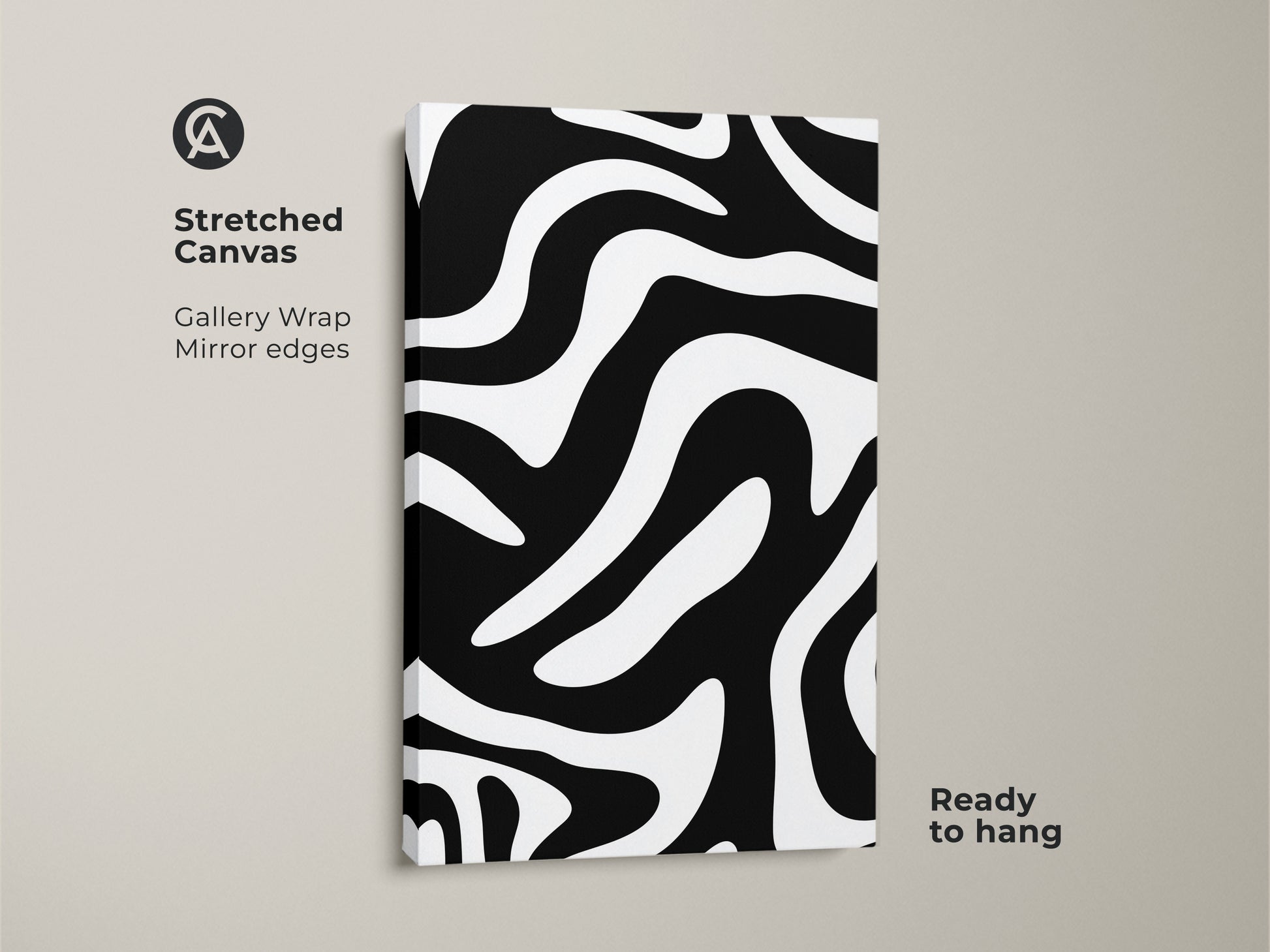 A stretched canvas featuring an abstract zebra print. The black and white wall art showcases wavy lines. This minimalist pattern art adds a modern touch to any contemporary bedroom.
