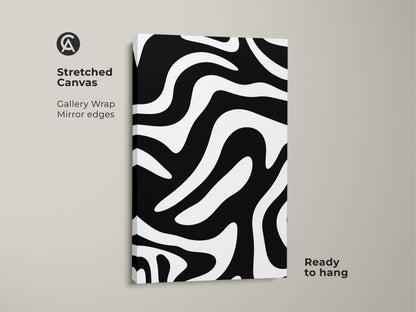 A stretched canvas featuring an abstract zebra print. The black and white wall art showcases wavy lines. This minimalist pattern art adds a modern touch to any contemporary bedroom.