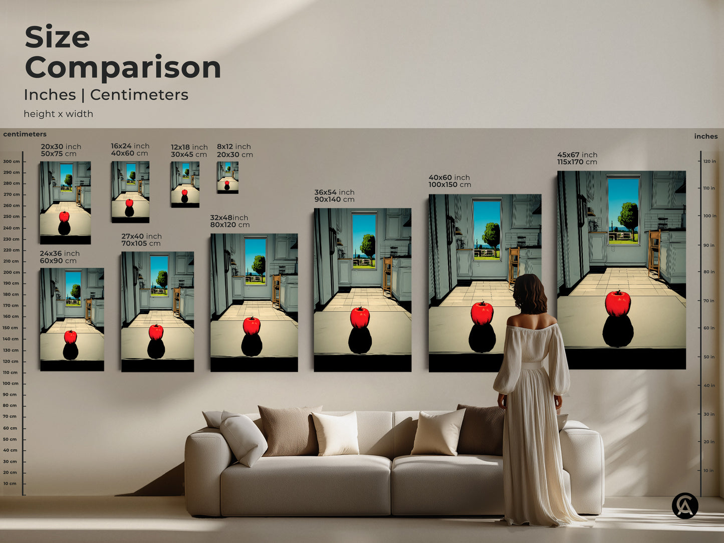 Size comparison of an apple art print in a kitchen. Artwork sizes range from small to extra large. See how each size fits above a couch. This artwork will enhance your home decor today.