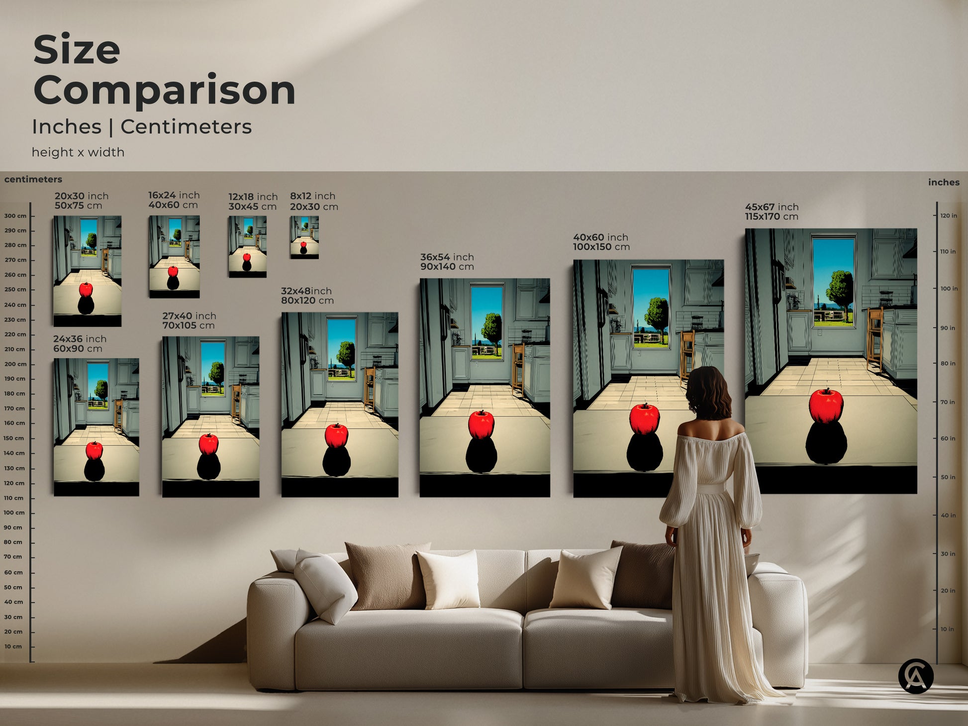 Size comparison of an apple art print in a kitchen. Artwork sizes range from small to extra large. See how each size fits above a couch. This artwork will enhance your home decor today.