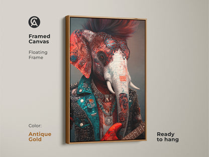 Antique gold framed canvas featuring a punk rock elephant artwork. This surreal animal and guitar art adds an eclectic touch. A vibrant choice for bohemian home art ready to hang.