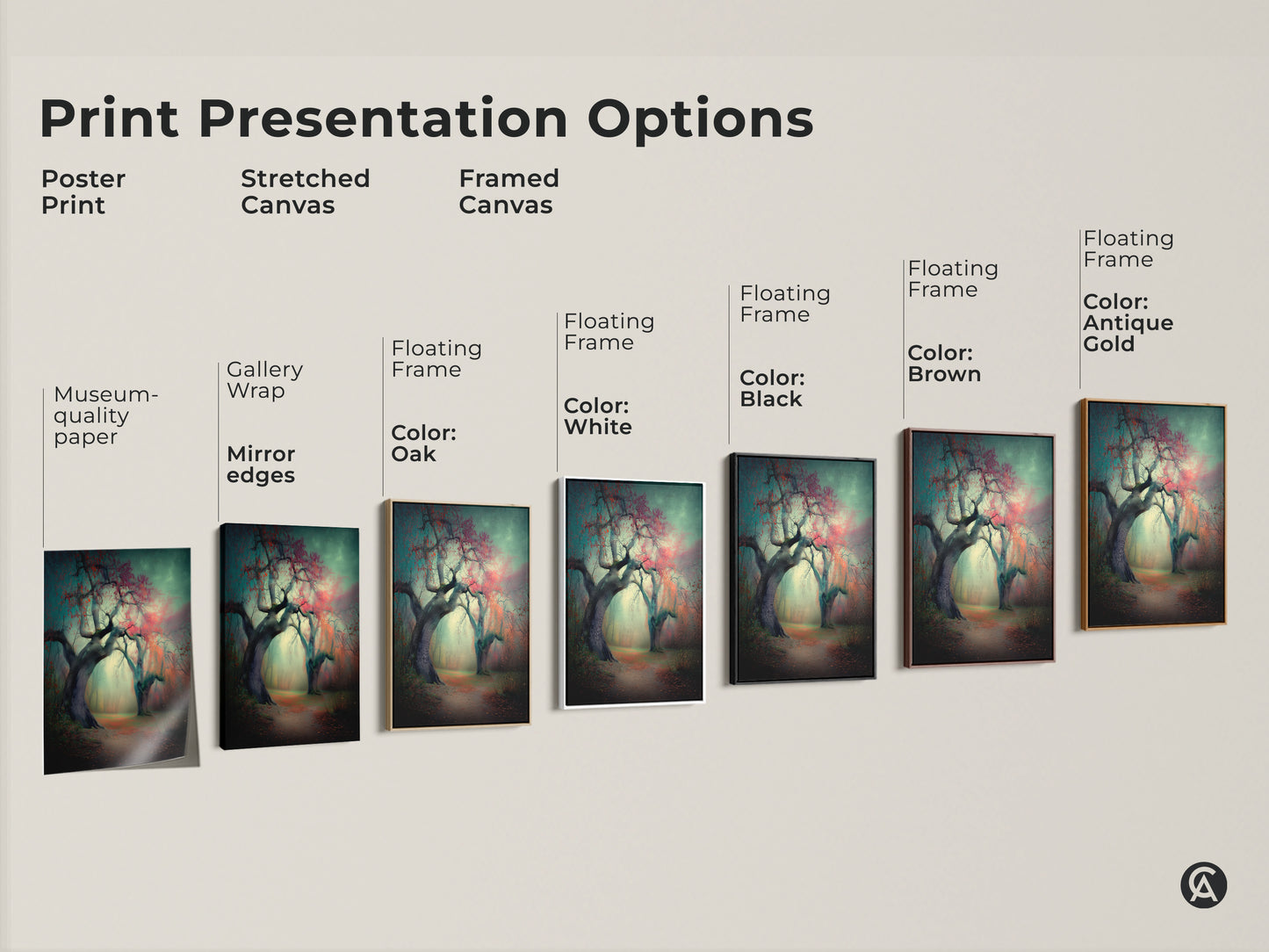Explore print presentation options. See poster prints stretched canvas and framed canvas examples. Choose museum-quality paper gallery wrap or floating frames in various colors. Find the perfect style for your artwork.