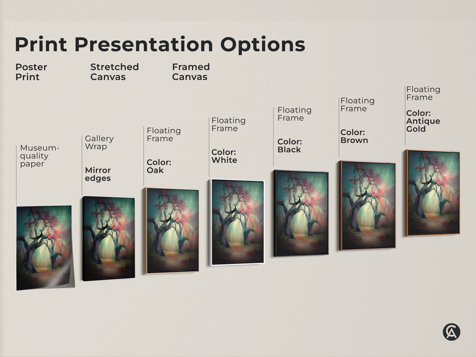 Explore print presentation options. See poster prints stretched canvas and framed canvas examples. Choose museum-quality paper gallery wrap or floating frames in various colors. Find the perfect style for your artwork.