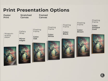 Explore print presentation options. See poster prints stretched canvas and framed canvas examples. Choose museum-quality paper gallery wrap or floating frames in various colors. Find the perfect style for your artwork.