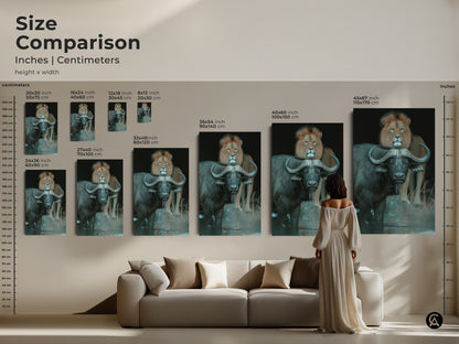 Compare sizes of the buffalo and lion canvas print. Dimensions range from 20x30 cm to 115x170 cm. See how the African wildlife art fits above a sofa for scale. Choose the perfect size for your office study or living room. Sizes include 16x24 36x54 and 45x67 inches.