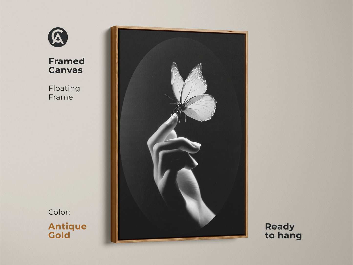 This antique gold framed canvas has monochrome butterfly artwork. This floating frame with minimalist hand art is captured. Black and white wall decor is ready to hang. It is a unique nature lover gift art. It enhances a contemporary bedroom. The insect macro print elevates elegant home art. Consider fine art canvas print for minimalist living room. This butterfly wall hanging for a modern office art
