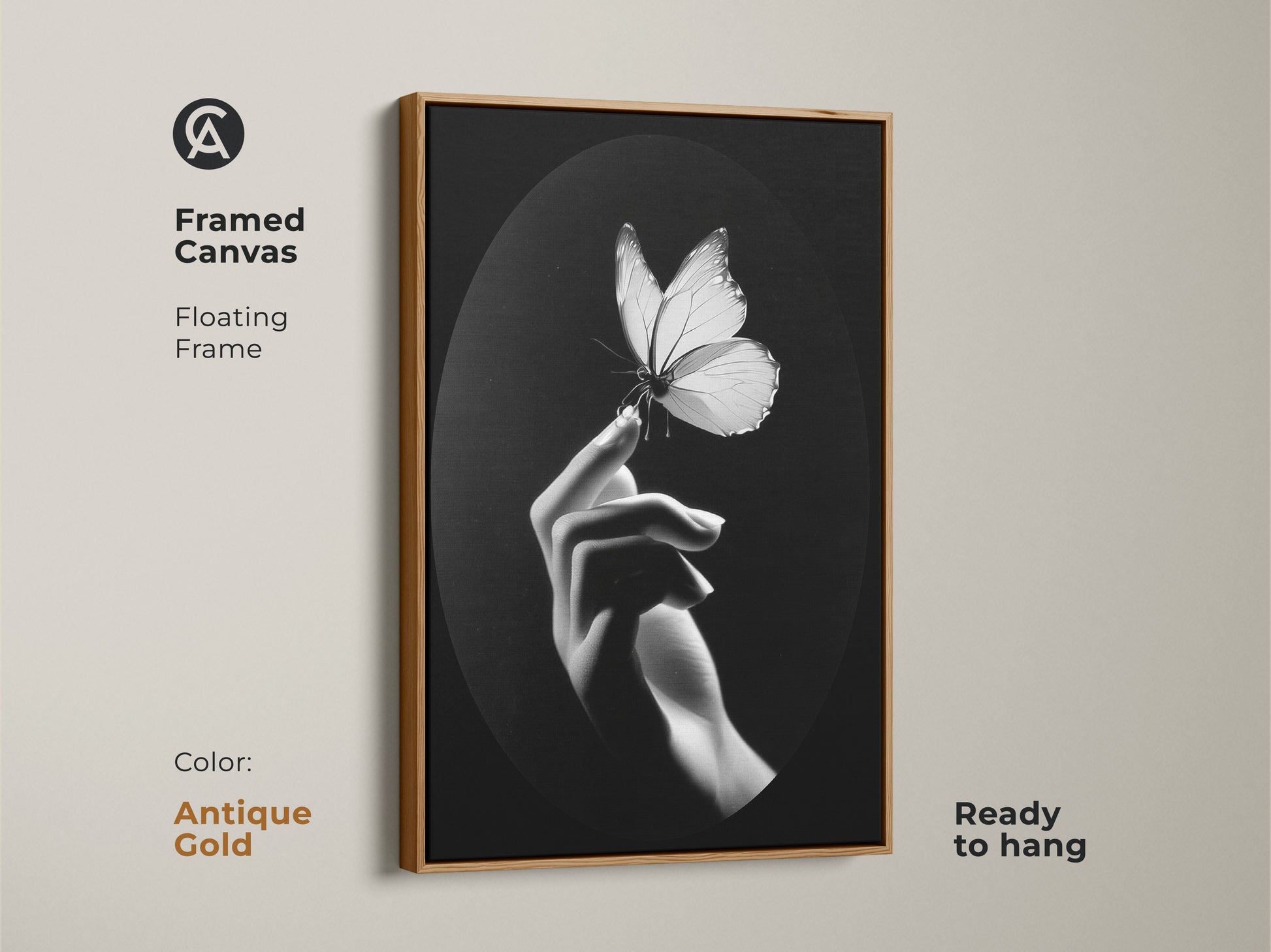 This antique gold framed canvas has monochrome butterfly artwork. This floating frame with minimalist hand art is captured. Black and white wall decor is ready to hang. It is a unique nature lover gift art. It enhances a contemporary bedroom. The insect macro print elevates elegant home art. Consider fine art canvas print for minimalist living room. This butterfly wall hanging for a modern office art