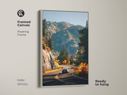 Explore print presentation options for scenic mountain road art. Choose from poster prints stretched canvas and framed canvas. Each option showcases a car driving through autumn foliage. Find the perfect style to match your home decor. These options enhance living spaces.
