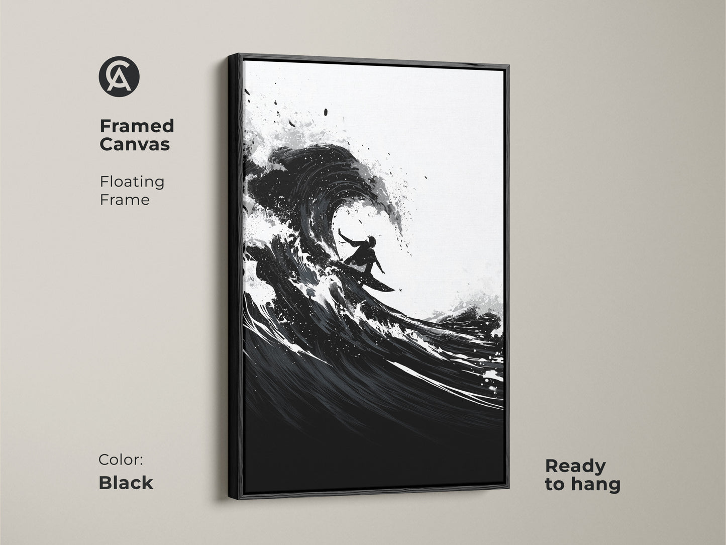 Framed canvas of abstract ocean art in black. Surfer wall decor with a floating frame is ready to hang. This contemporary art print adds coastal flair to any room.