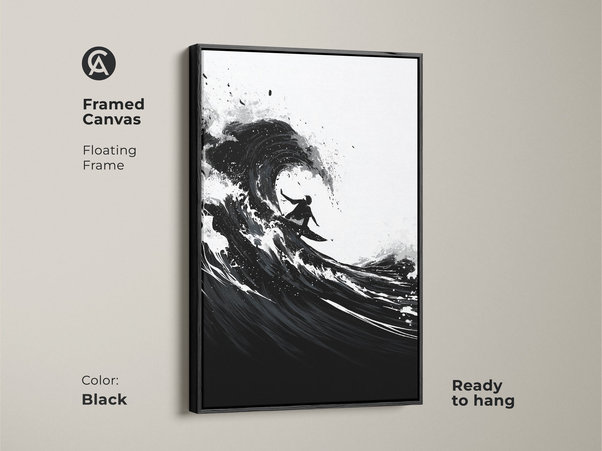 Framed canvas of abstract ocean art in black. Surfer wall decor with a floating frame is ready to hang. This contemporary art print adds coastal flair to any room.