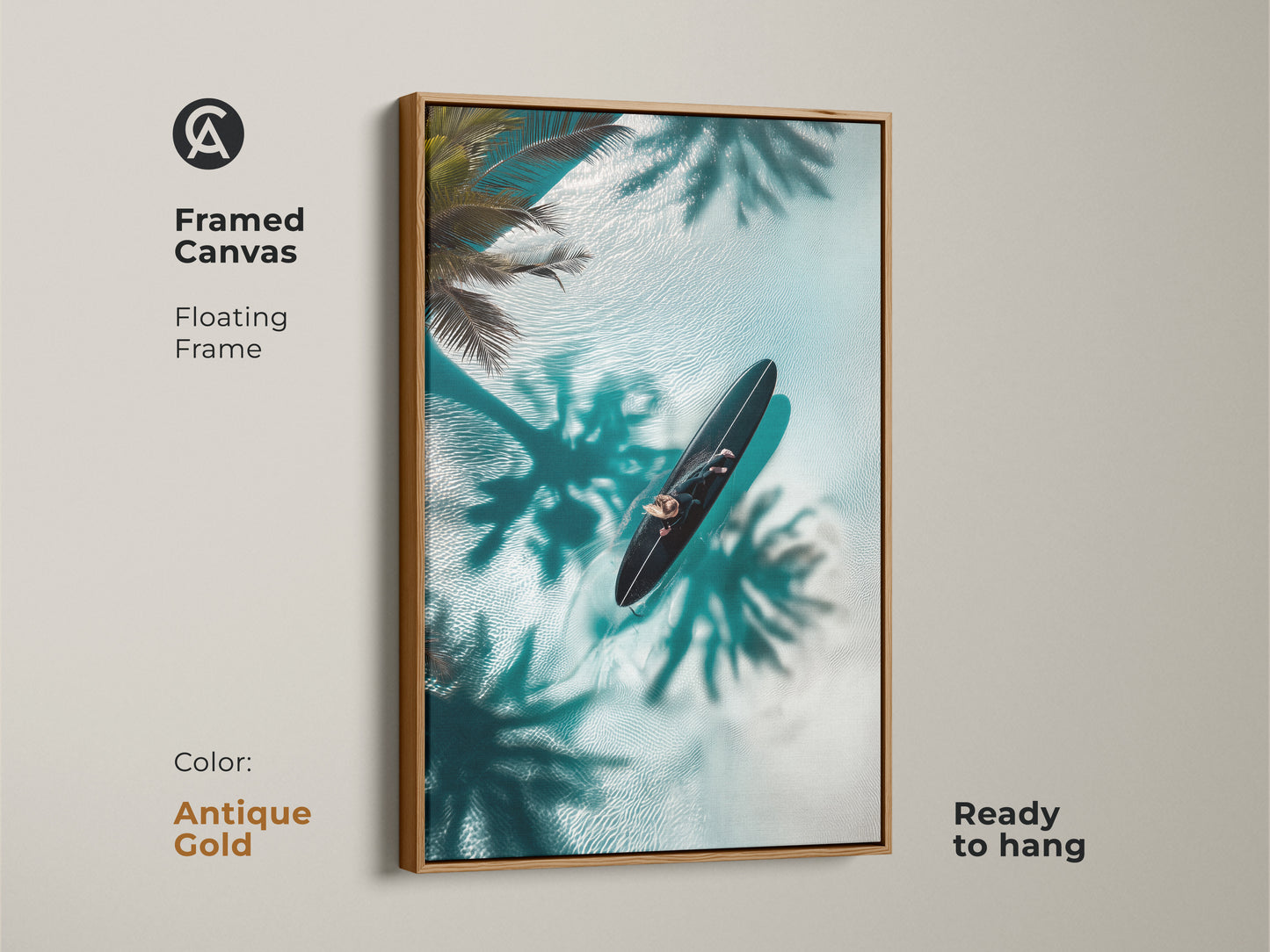 Elevate your space with this framed canvas art in antique gold. This artwork features a surfer on a board surrounded by clear water. Palm shadows add a tropical touch. The floating frame brings a touch of luxury to this coastal piece. Perfect for adding a unique statement to your home.