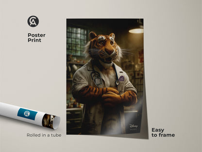 A poster print of a tiger dressed as a doctor. The print is rolled in a tube for easy framing. The artwork blends wildlife with a professional theme. An imaginative and unique art piece for any space. It is easy to frame.