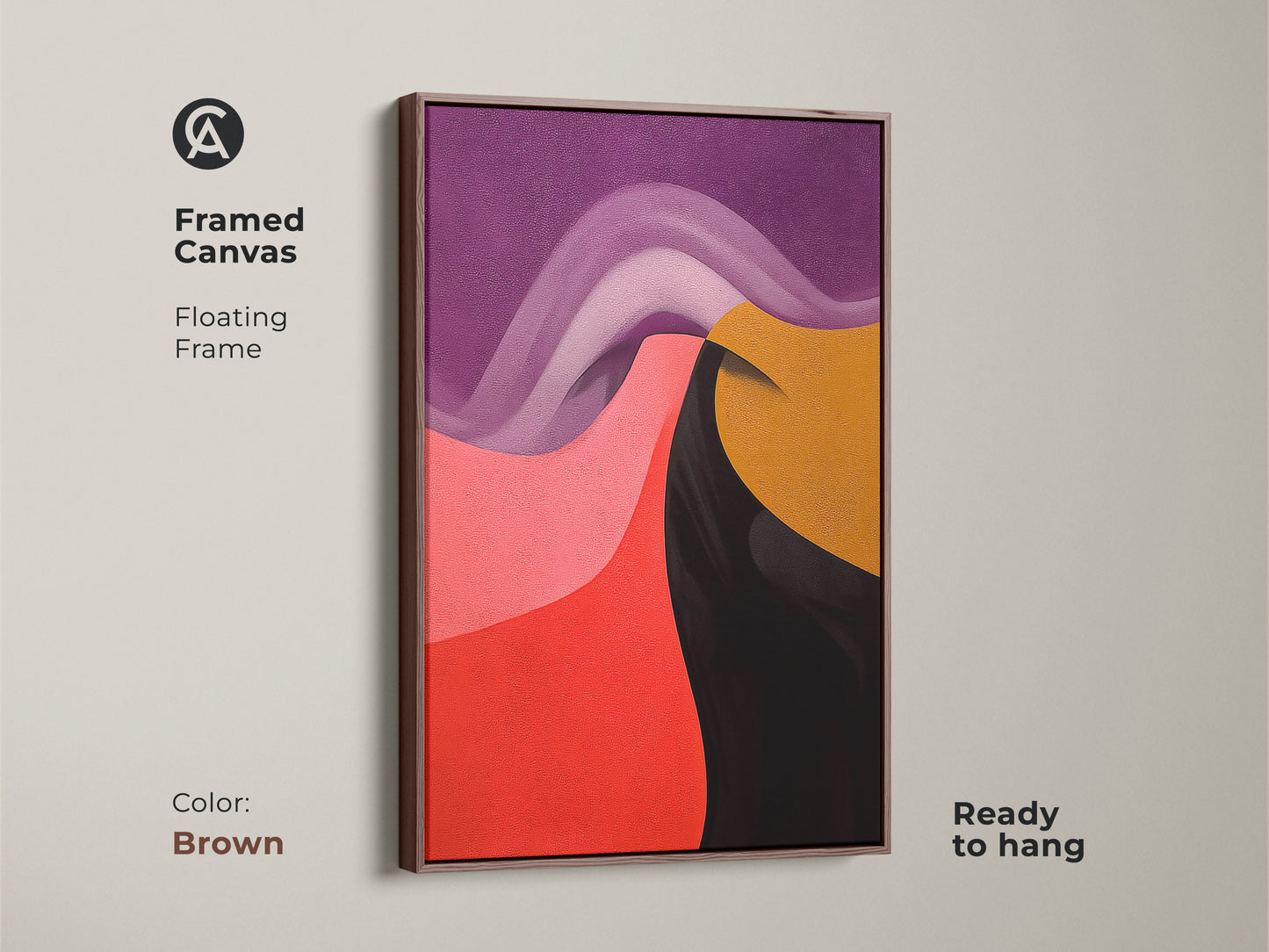 Framed canvas print with a floating frame in brown. Geometric swirls in purple pink red and gold make a bold statement. The ready to hang modern abstract artwork is perfect for any room.