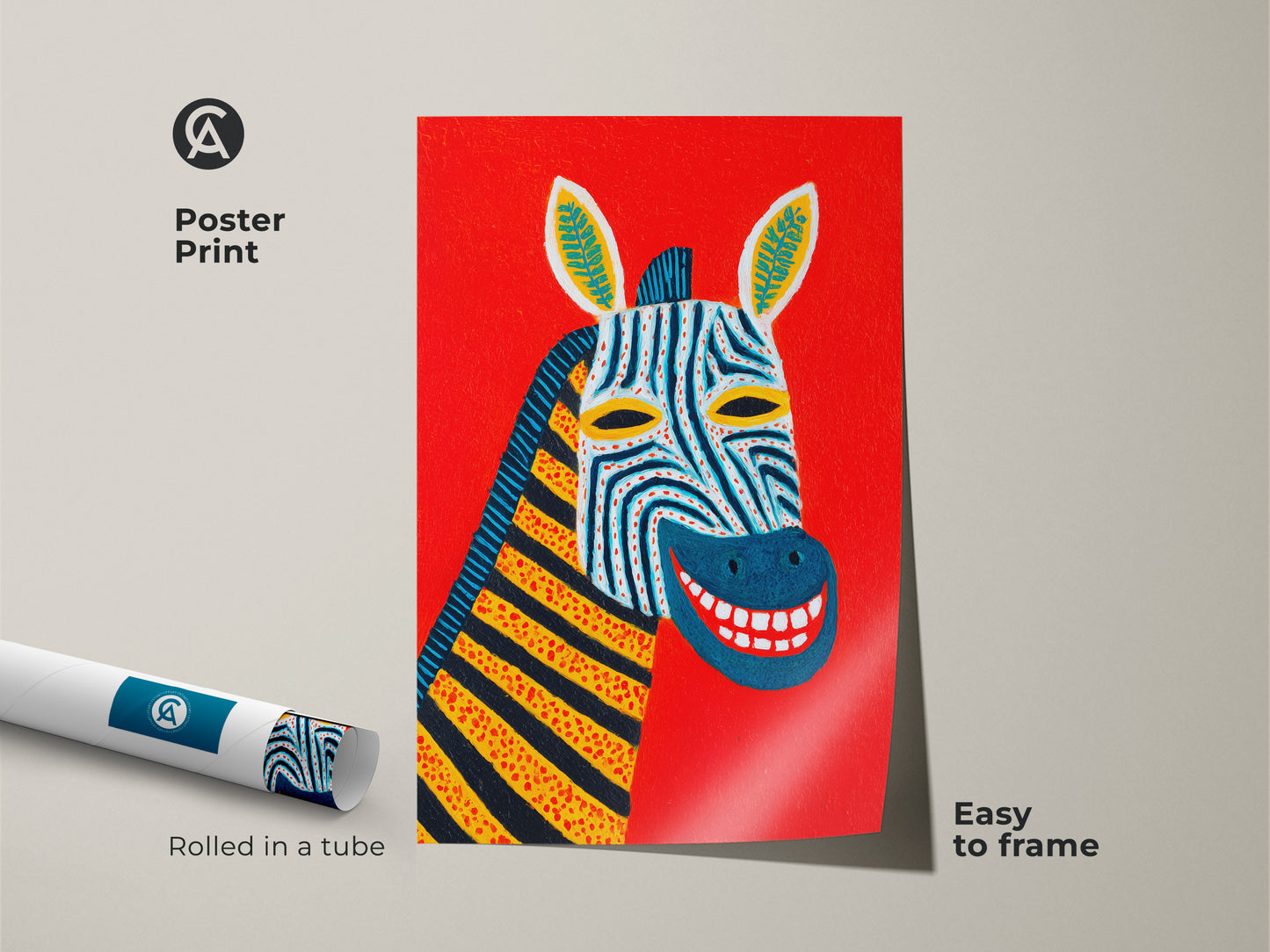 Poster print of an abstract zebra portrait with vibrant colors is rolled in a tube. This striking animal artwork features blue yellow and black stripes against a red background. Easy to frame and perfect for eclectic wall decor needs.