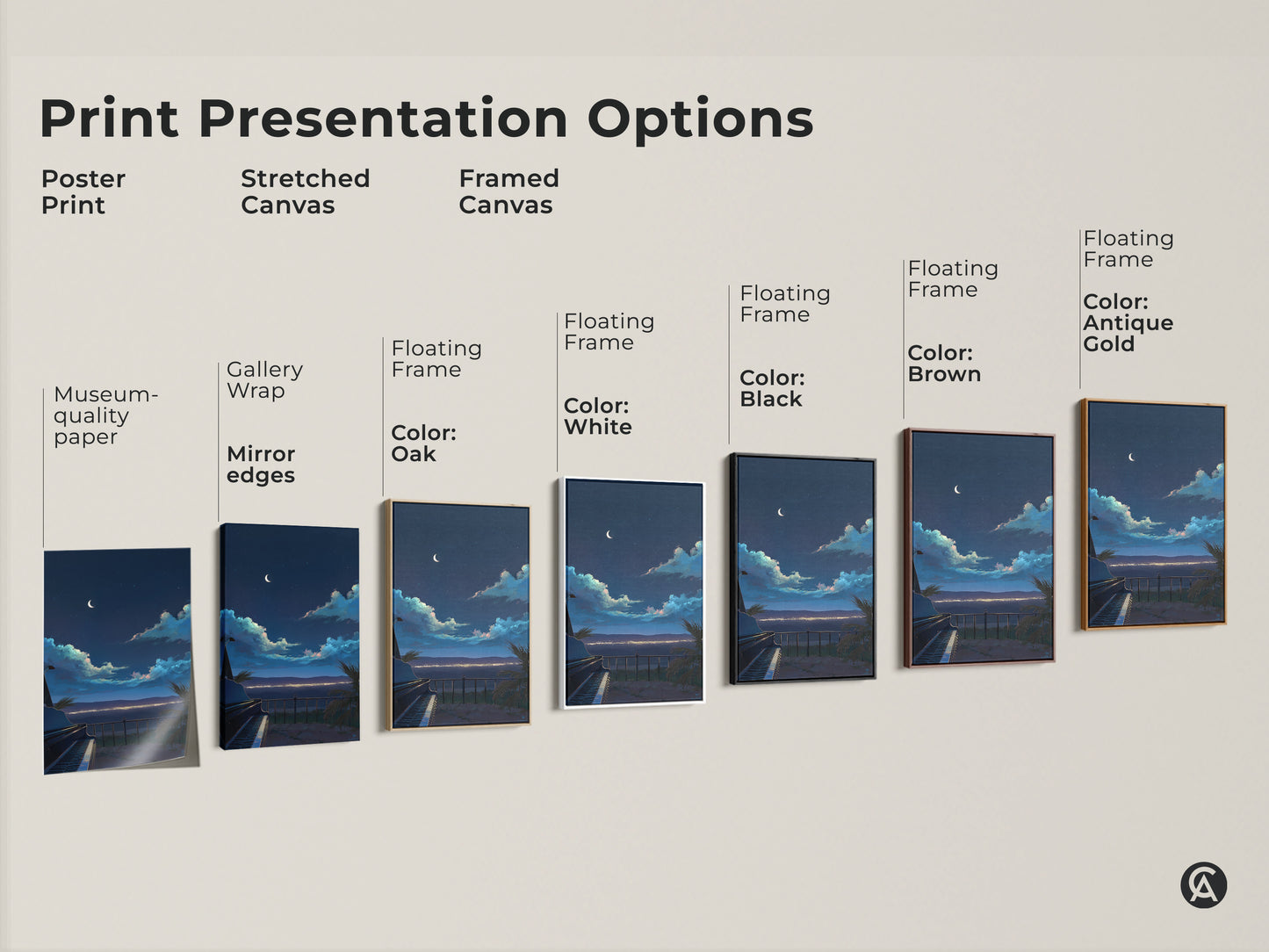 Print presentation options for the Indigo Crescent Moon Canvas Art. Choose from poster print stretched canvas or framed canvas. Each option highlights the dreamy landscape artwork.