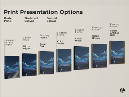 Print presentation options for the Indigo Crescent Moon Canvas Art. Choose from poster print stretched canvas or framed canvas. Each option highlights the dreamy landscape artwork.