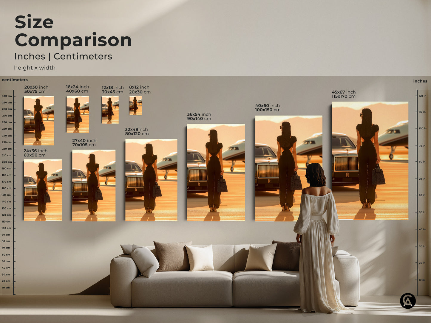 Size comparison of woman with private jet canvas art. Sizes range from small to extra-large. See how the artwork fits above a sofa. This contemporary Sepia Gold Woman Art Print is perfect for sophisticated living rooms.