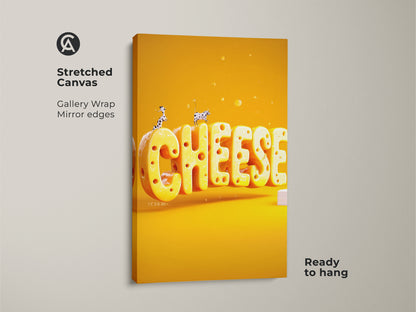 Stretched canvas featuring the word CHEESE in a surreal 3D style. The gallery wrap with mirrored edges makes it ready to hang. This yellow and orange food print adds an eclectic touch. Perfect kitchen dining wall art.