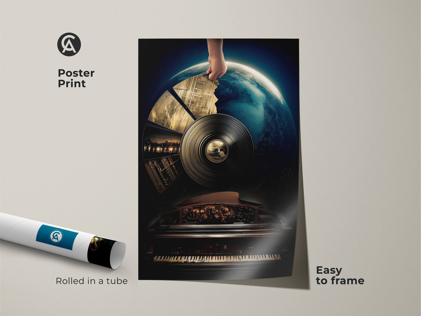 Poster print showcases a surreal vinyl record art theme. Features conceptual piano wall art and earth elements rolled in a tube easy to frame. A deep blue gold artwork that adds a unique touch to any music lover's collection or office.
