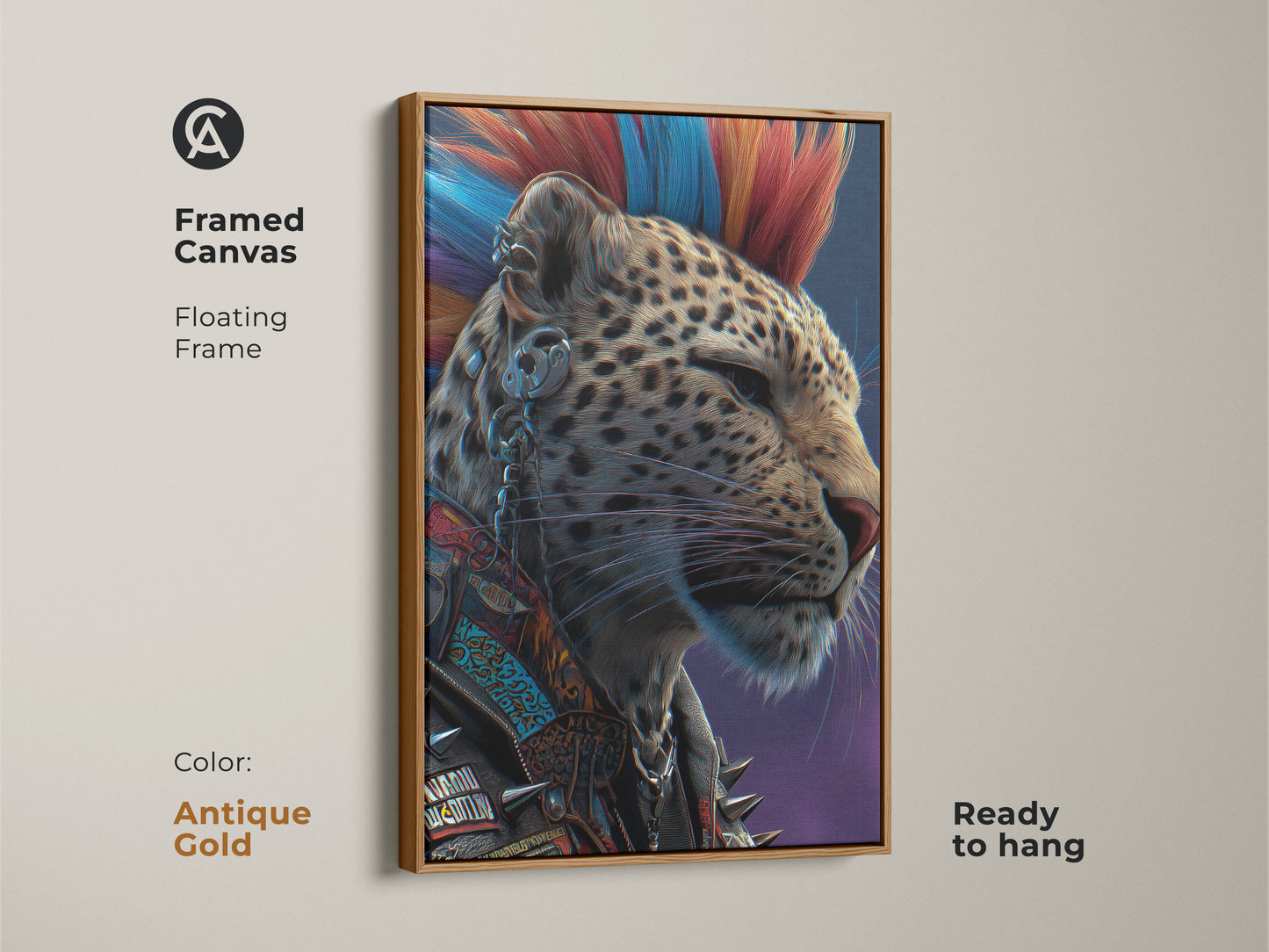 Antique Gold framed canvas features Punk Leopard Art for an eclectic home. The Mohawk animal art showcases a cyberpunk aesthetic with a red and blue leopard on a purple background. This ready to hang animal portrait art serves as a statement piece. Shop today.