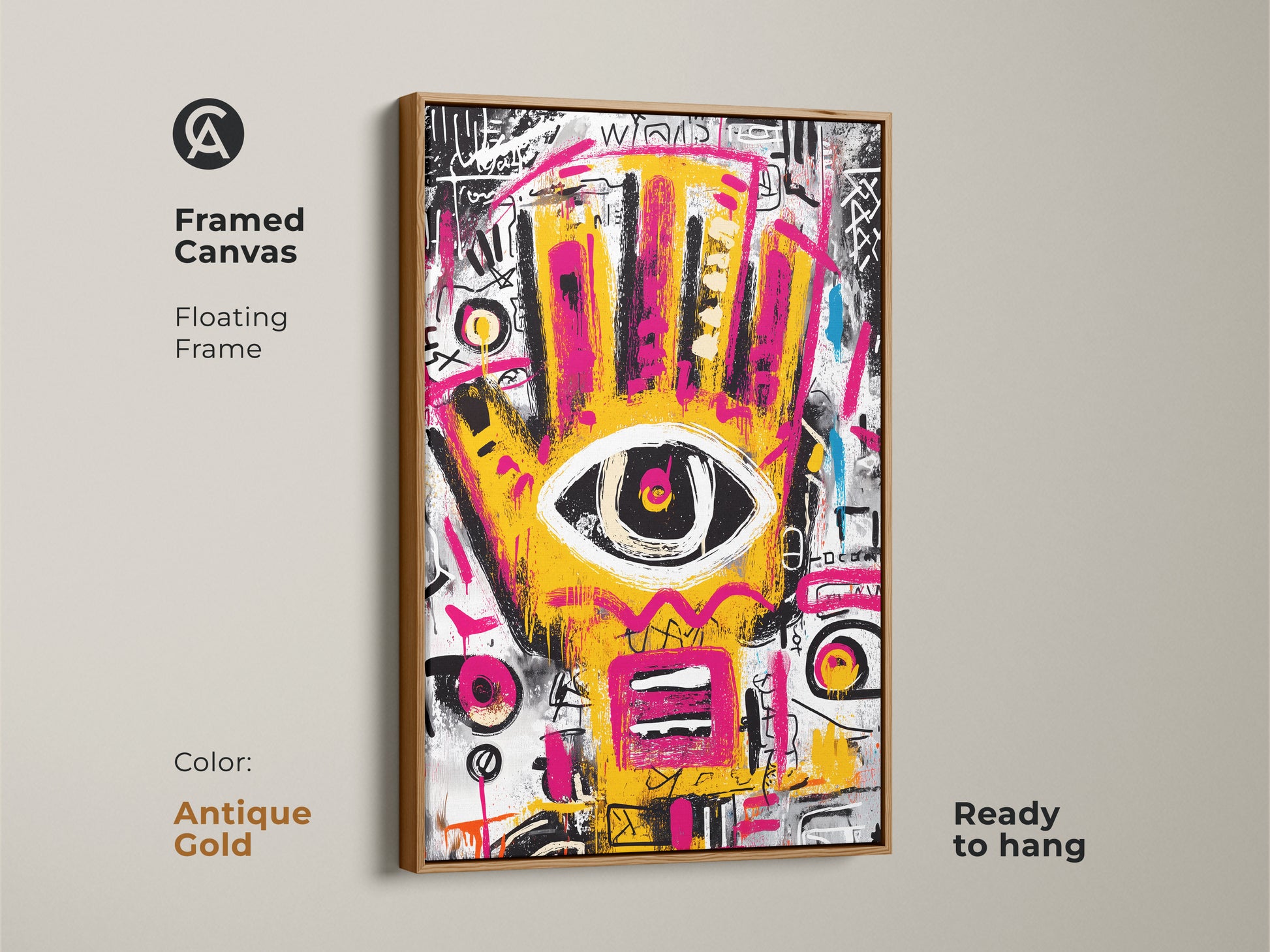 Antique gold framed canvas of abstract artwork. The frame enhances the yellow and pink hand with an eye. Modern art that's ready to hang. Elevate your space with this unique piece.