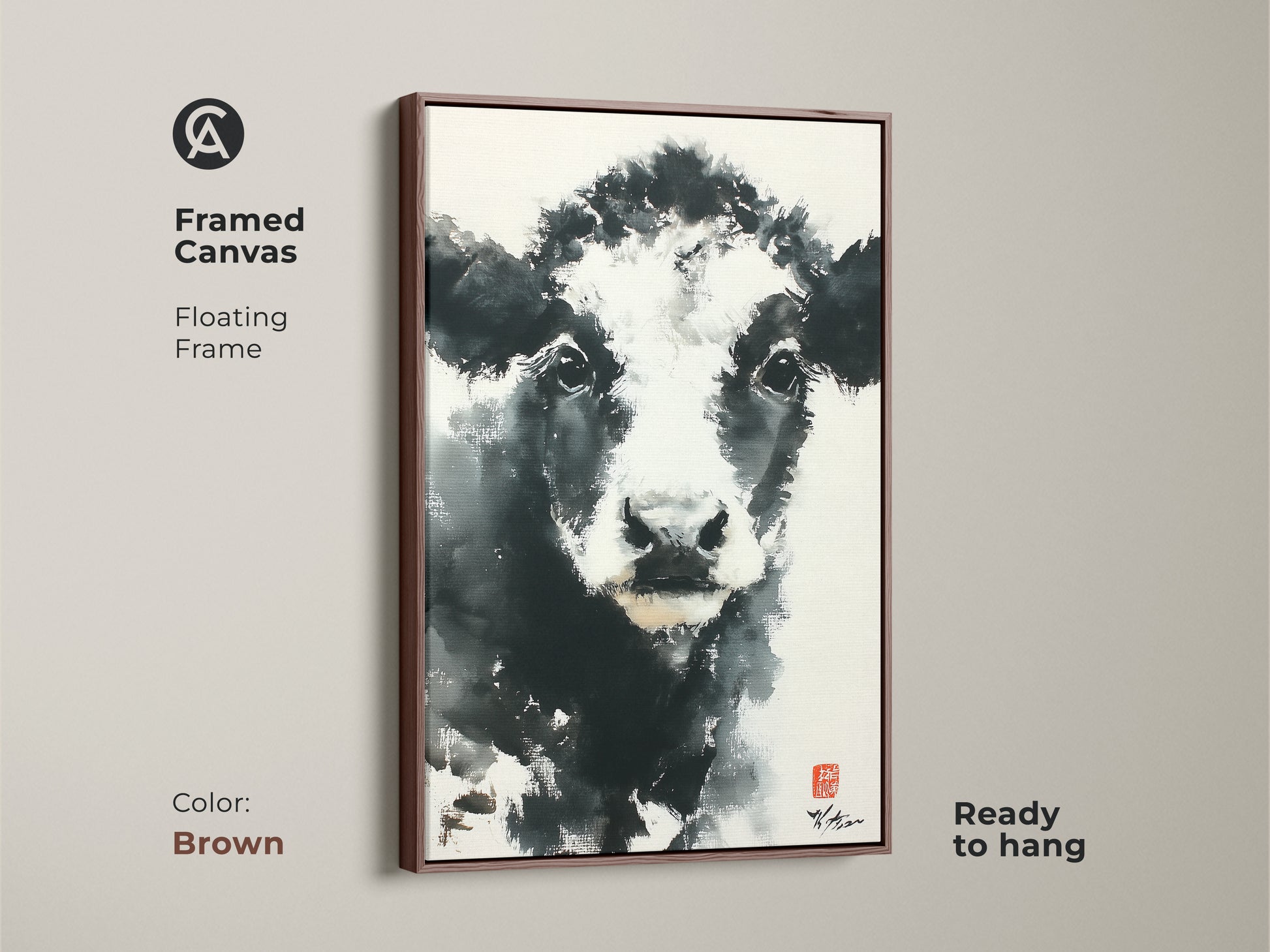 This framed canvas features a black and white cow. The floating frame enhances the artwork. A brown frame adds warmth. Ready to hang. Buy now for a rustic yet refined aesthetic in your home.