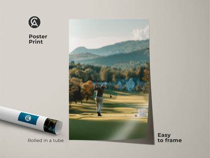 Bring the golf course home with a stylish poster print. This artwork features a golfer in action against a mountain backdrop. Rolled in a tube for easy framing this print adds sporty sophistication to your walls.
