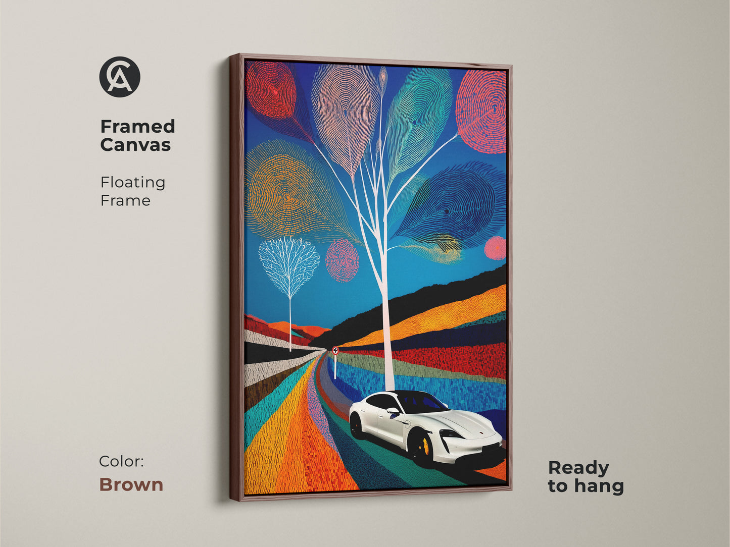 Framed canvas featuring an electric car road trip in modern folk style complete with a brown floating frame. Abstract canvas artwork is ready to hang. Blue teal and orange hues create a unique automotive art print.