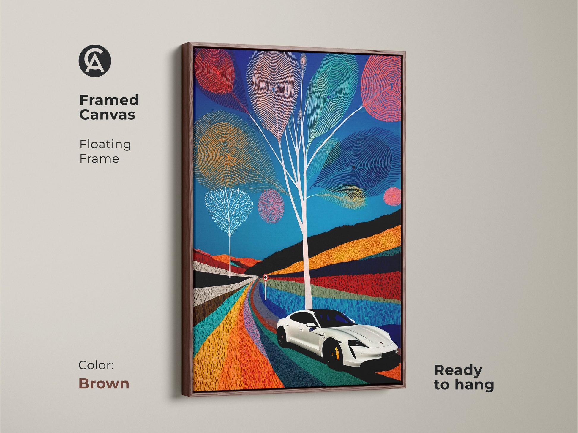 Framed canvas featuring an electric car road trip in modern folk style complete with a brown floating frame. Abstract canvas artwork is ready to hang. Blue teal and orange hues create a unique automotive art print.