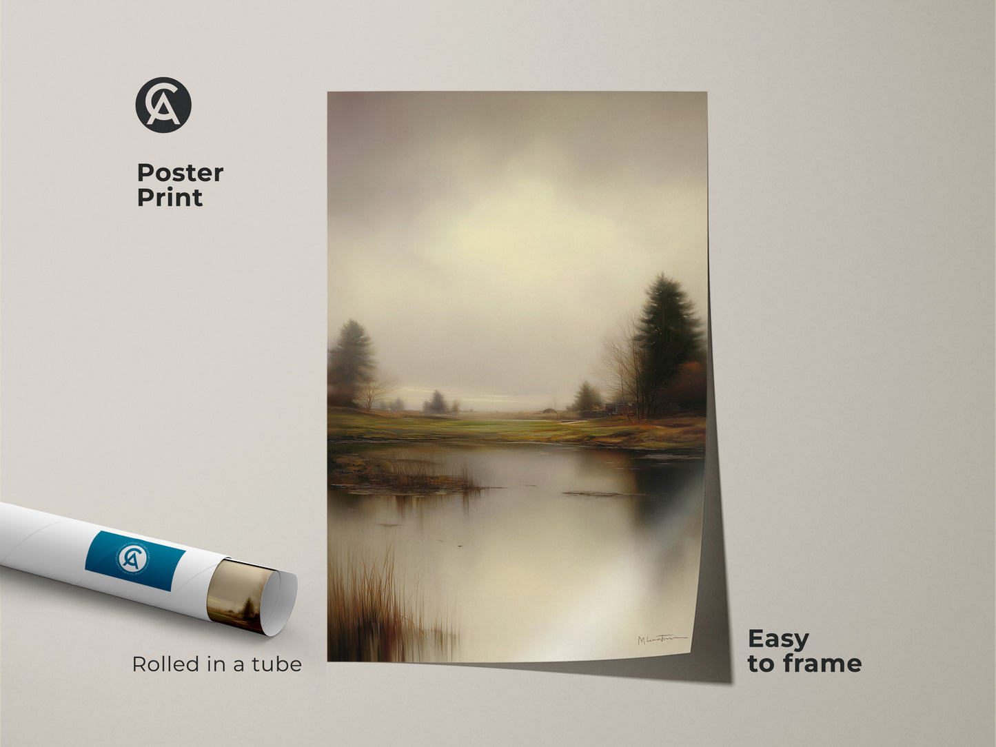 A poster print of a muted yellow landscape canvas is rolled in a tube. The rustic trees wall decor is easy to frame. The nature lover housewarming gift is ready to display.