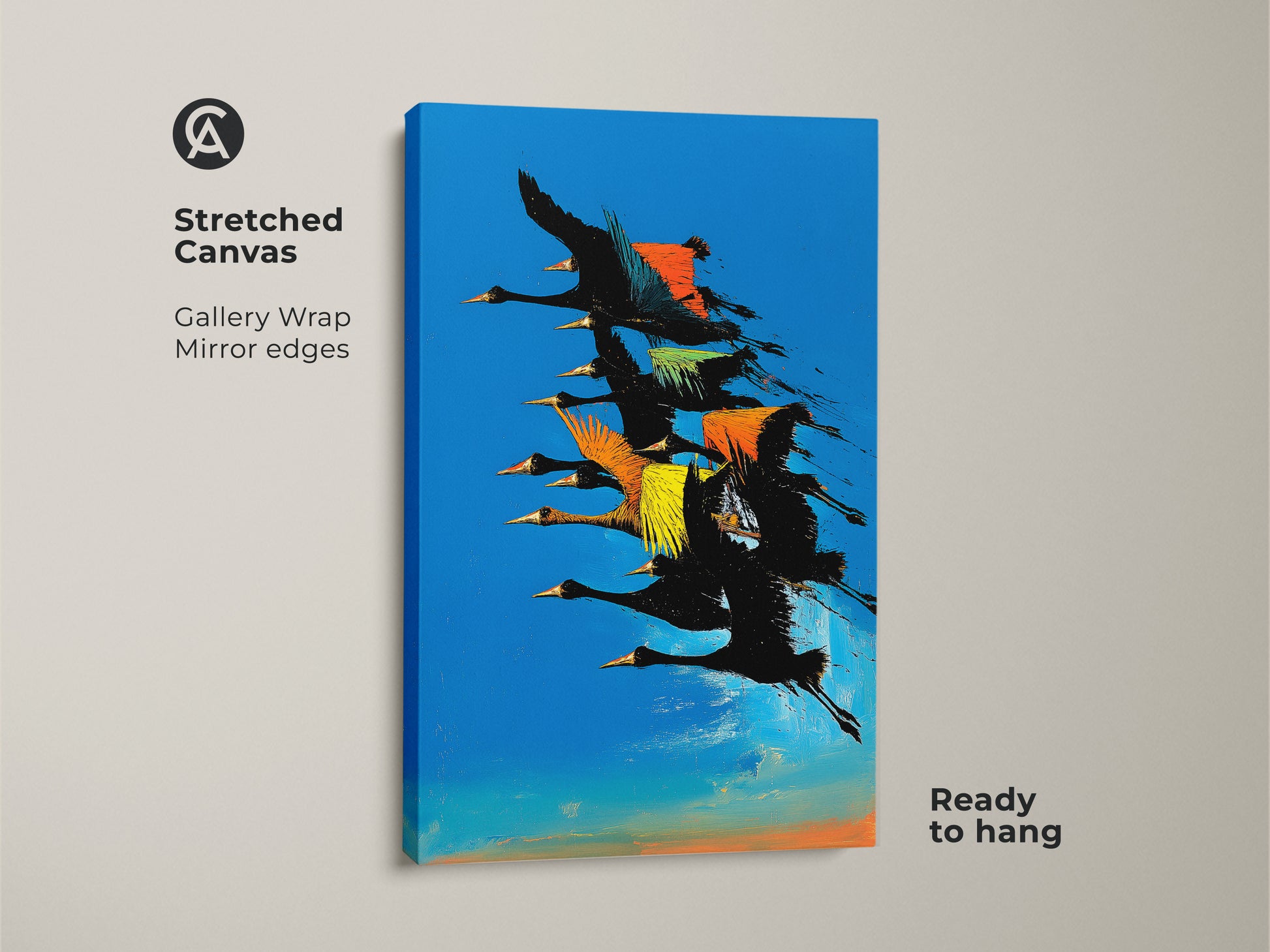 Stretched canvas abstract bird artwork. A gallery-wrapped canvas features mirror edges and is ready to hang. This modern wall decor showcases a dynamic flock of birds in a blue orange teal color splash.