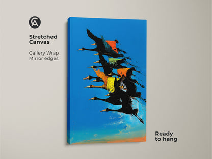 Stretched canvas abstract bird artwork. A gallery-wrapped canvas features mirror edges and is ready to hang. This modern wall decor showcases a dynamic flock of birds in a blue orange teal color splash.