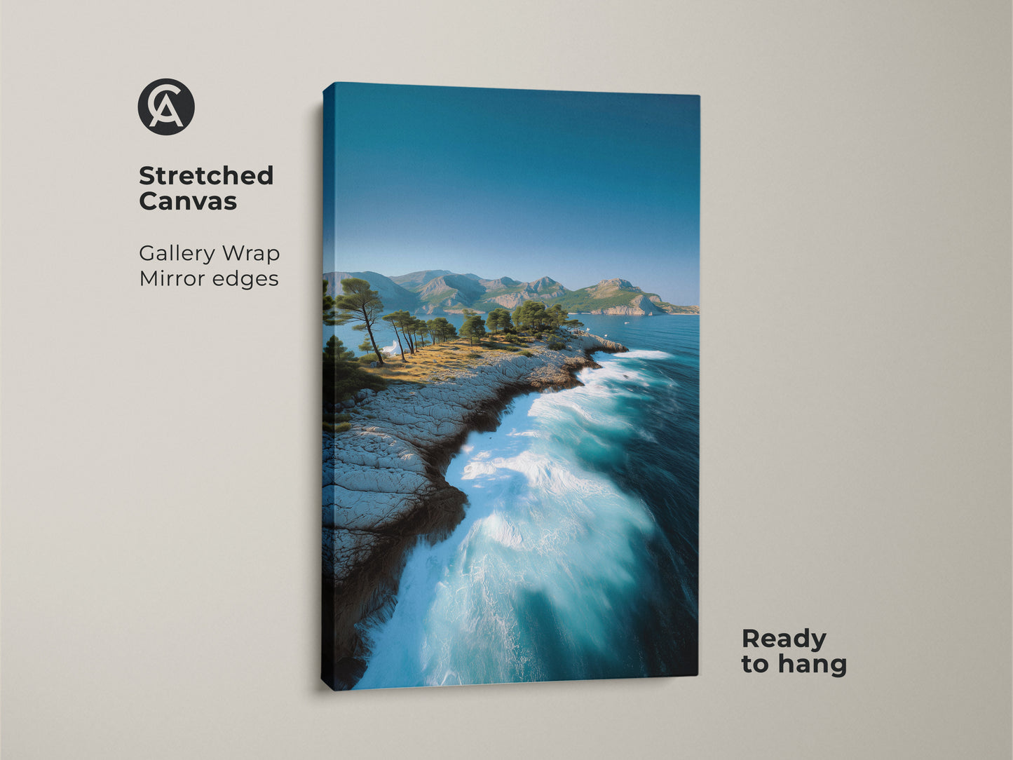 Stretched Canvas Ocean Cliff Art Print. Gallery wrapped with mirror edges and ready to hang. This deep blue sea artwork with pine trees creates a serene beach house vibe.