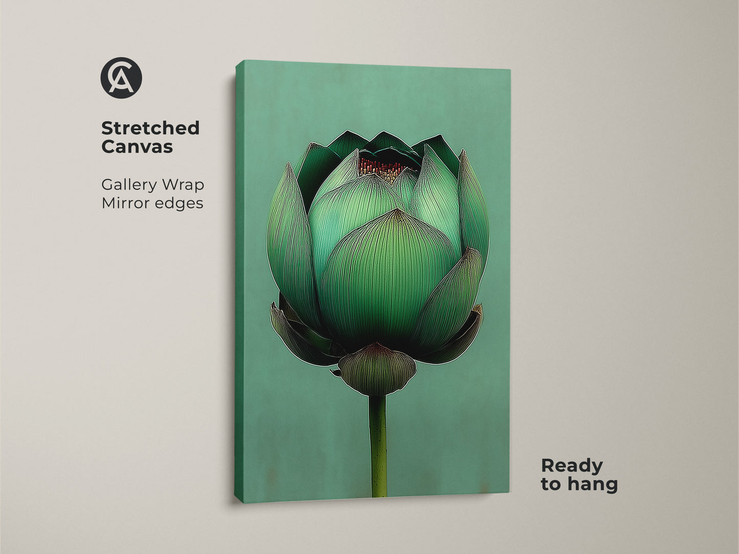 Stretched canvas featuring an emerald green lotus flower. This minimalist botanical artwork is ready to hang. Gallery wrap showcases the artwork with mirror edges. Perfect for creating a serene meditation space or zen garden.