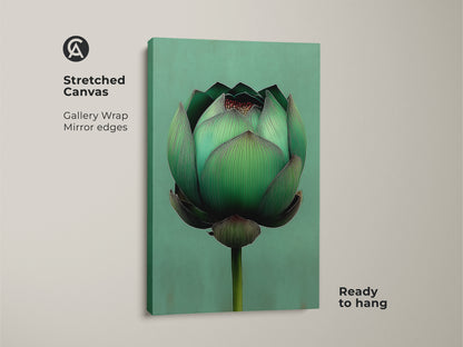 Stretched canvas featuring an emerald green lotus flower. This minimalist botanical artwork is ready to hang. Gallery wrap showcases the artwork with mirror edges. Perfect for creating a serene meditation space or zen garden.