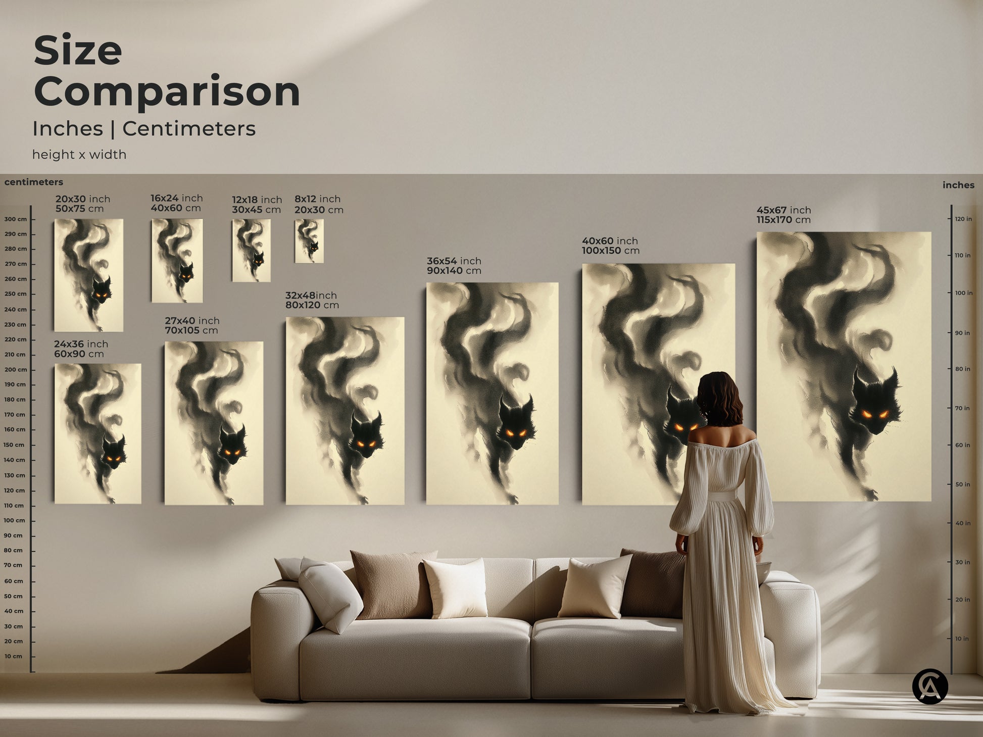 Size comparison of the smoky black cat artwork in inches and centimeters. See how the art looks in various sizes and settings. Perfect cat art to make a statement in your space.